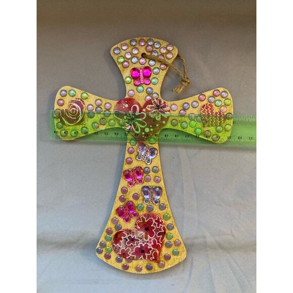 Heart and Butterflies Cross Wall Decor Colorful Handwoven - Picture 3 of 5